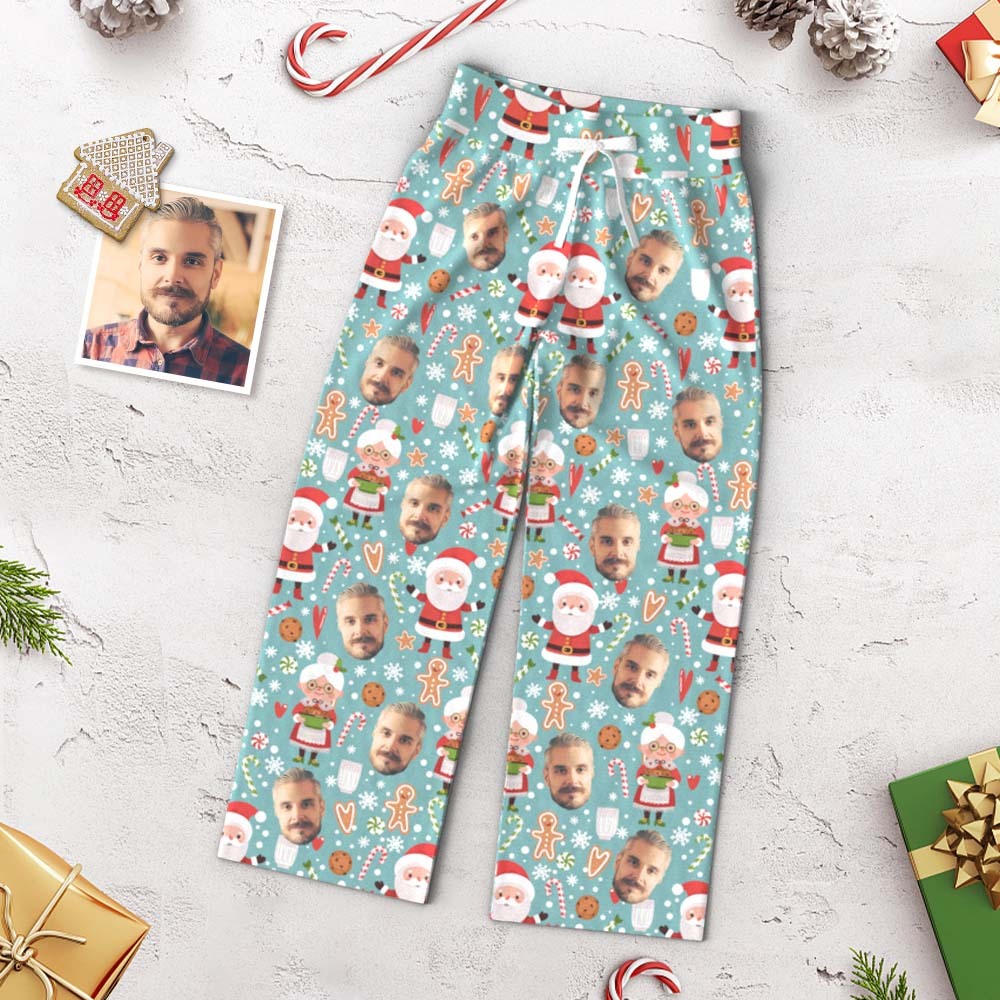 Pantalones De Cara Personalizados, Pantalones De Pijama Holgados De Pierna Ancha Para Mujer, Papá Noel Y Señora Claus, Feliz Navidad - CalzoncillosfotoES
