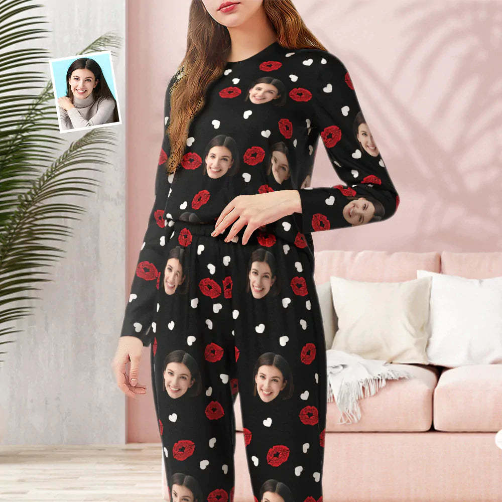 Pijama Negro Con Cara Personalizada, Labios De Cuello Redondo Personalizados Y Pijama En Forma De Corazón Regalo De San Valentín Para Mujeres