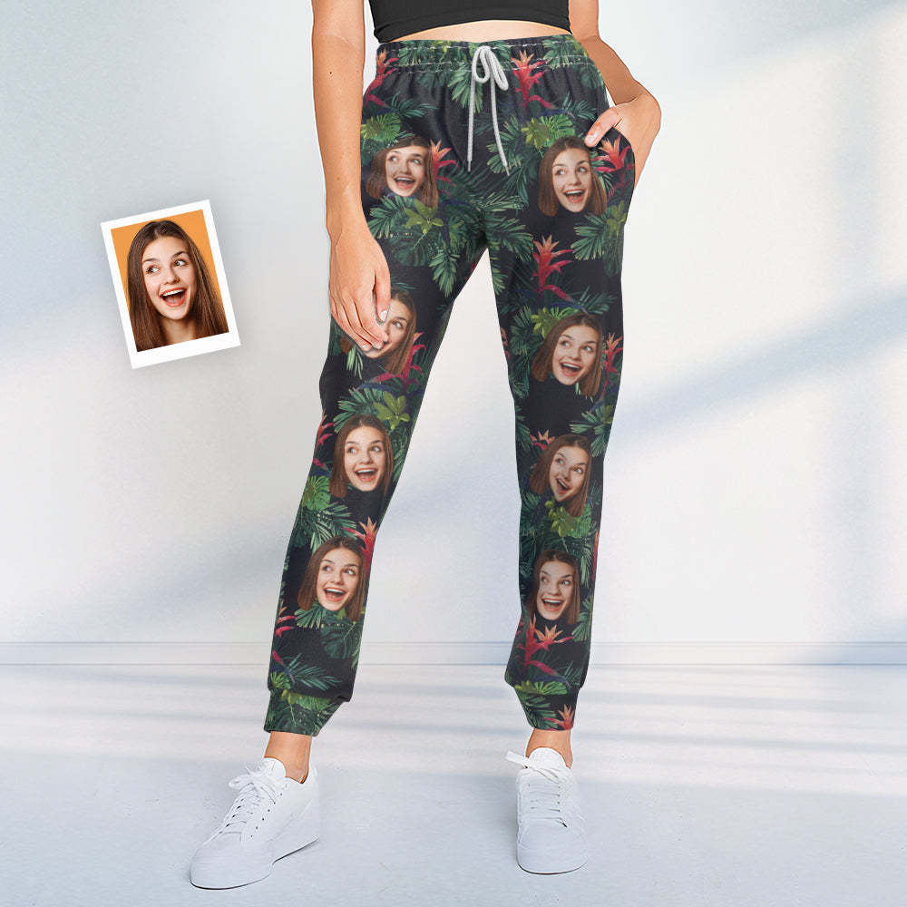 Pantalones De Chándal Con Cara Personalizada Diseño De Hojas Personalizadas Joggers Unisex - Regalo Para Amante