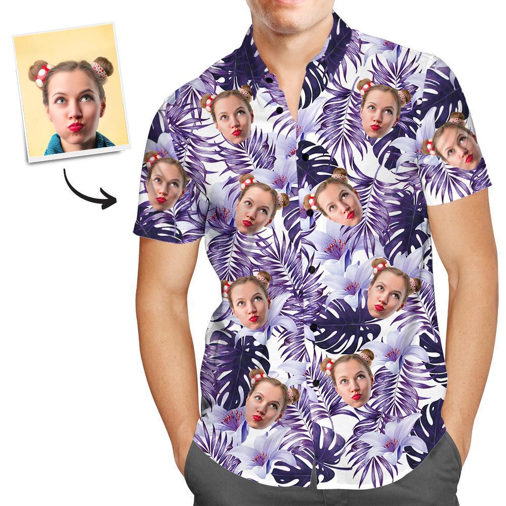 Camisa Hawaiana Personalizada Vista Previa En Línea De Hojas De Selva Tropical Púrpura Camisa De Playa Aloha Personalizada Para Hombres