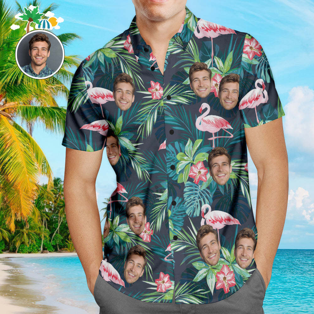 Vista Previa En Línea De La Cara Personalizada Camisa Hawaiana En Color Flamenco Aloha Beach Camisa Hombre