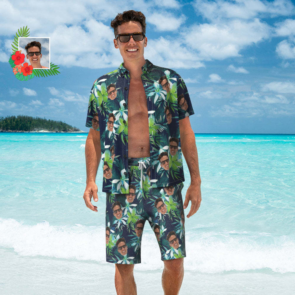 Conjunto De Camisa Hawaiana Y Pantalones Cortos De Playa Con Cara Personalizada, Foto Personalizada Para Hombre, Conjunto De Hojas Tropicales, Regalo De Fiesta De Vacaciones - CalzoncillosfotoES