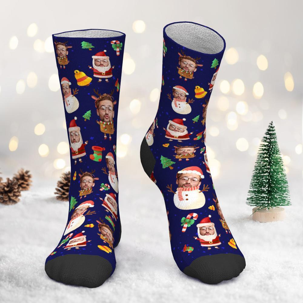Calcetines personalizados con foto Papá Noel y muñeco de nieve Calcetines personalizados con cara de reno navideño