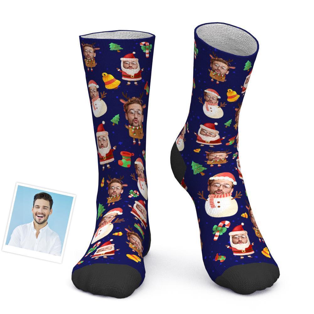Calcetines personalizados con foto Papá Noel y muñeco de nieve Calcetines personalizados con cara de reno navideño