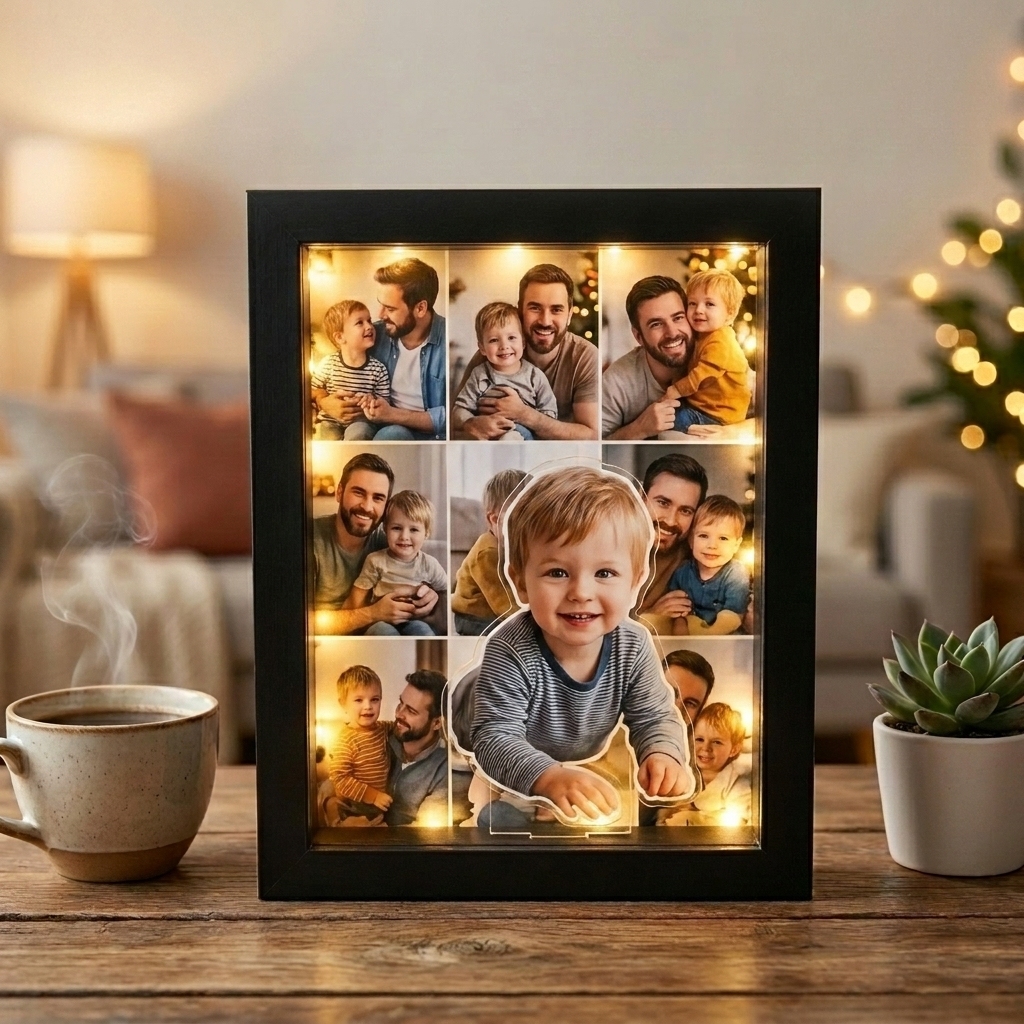 Personalisierter Foto-Lichtkasten, individueller LED-Bilderrahmen mit mehreren Bildern, einzigartiges Familien- und Haustier-Gedenkgeschenk für Vater, Mutter, Jubiläumsgeschenk zum Vatertag - meinemondlampe