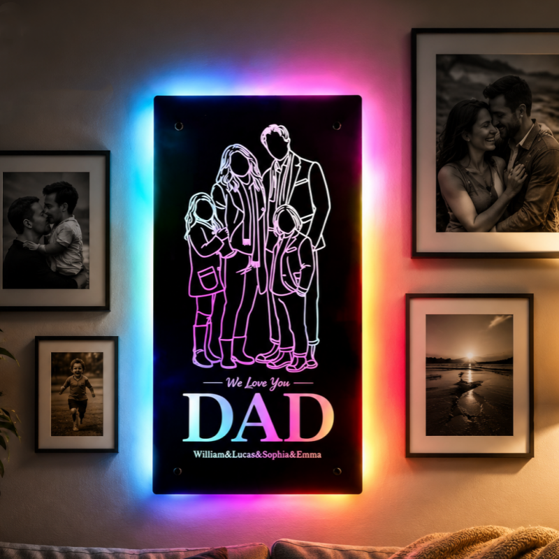 Personalisiertes Silhouette-Foto-Spiegellicht, individuelles Familien-Gedenkgeschenk für Papa, Familiengeschenk - meinemondlampe