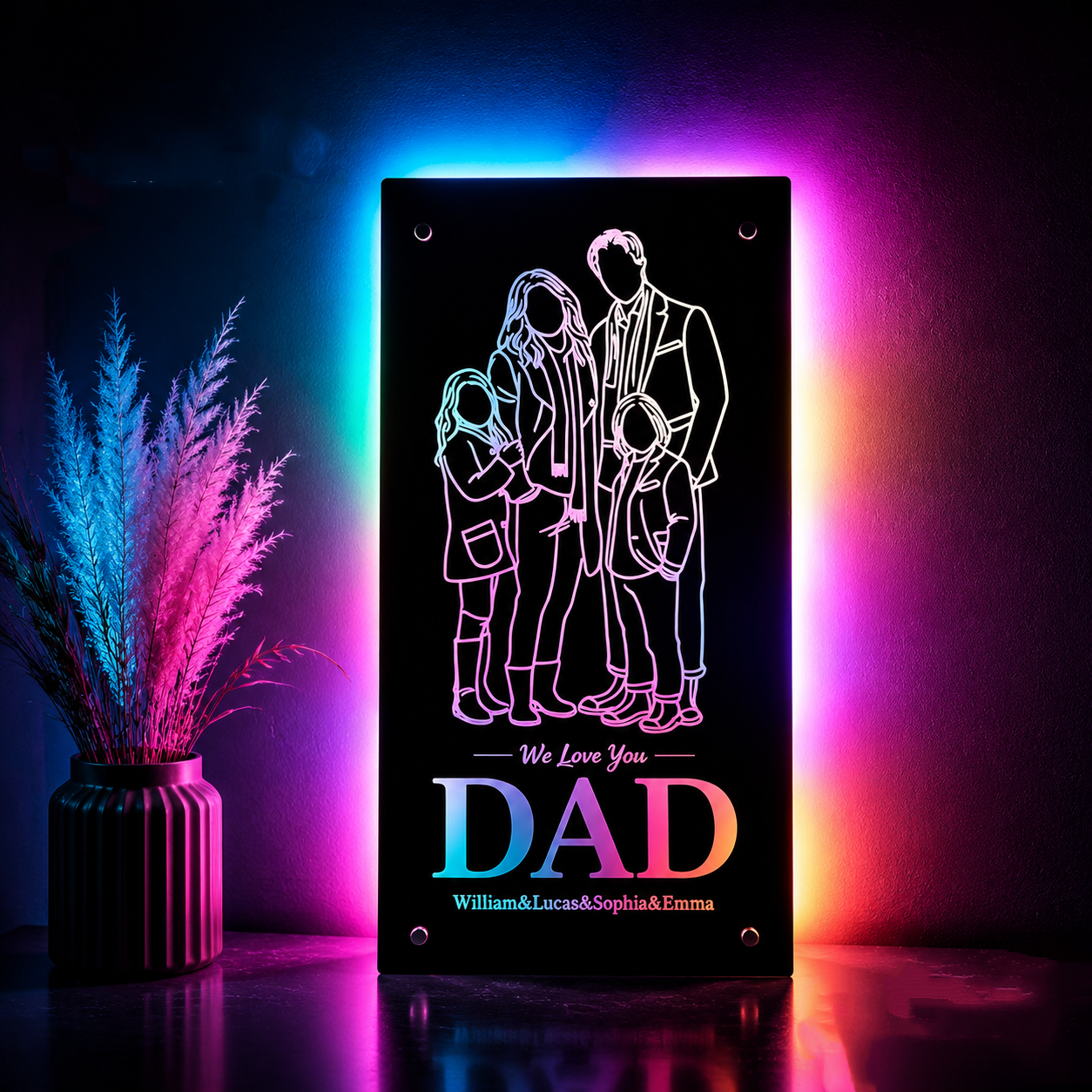 Personalisiertes Silhouette-Foto-Spiegellicht, individuelles Familien-Gedenkgeschenk für Papa, Familiengeschenk - meinemondlampe