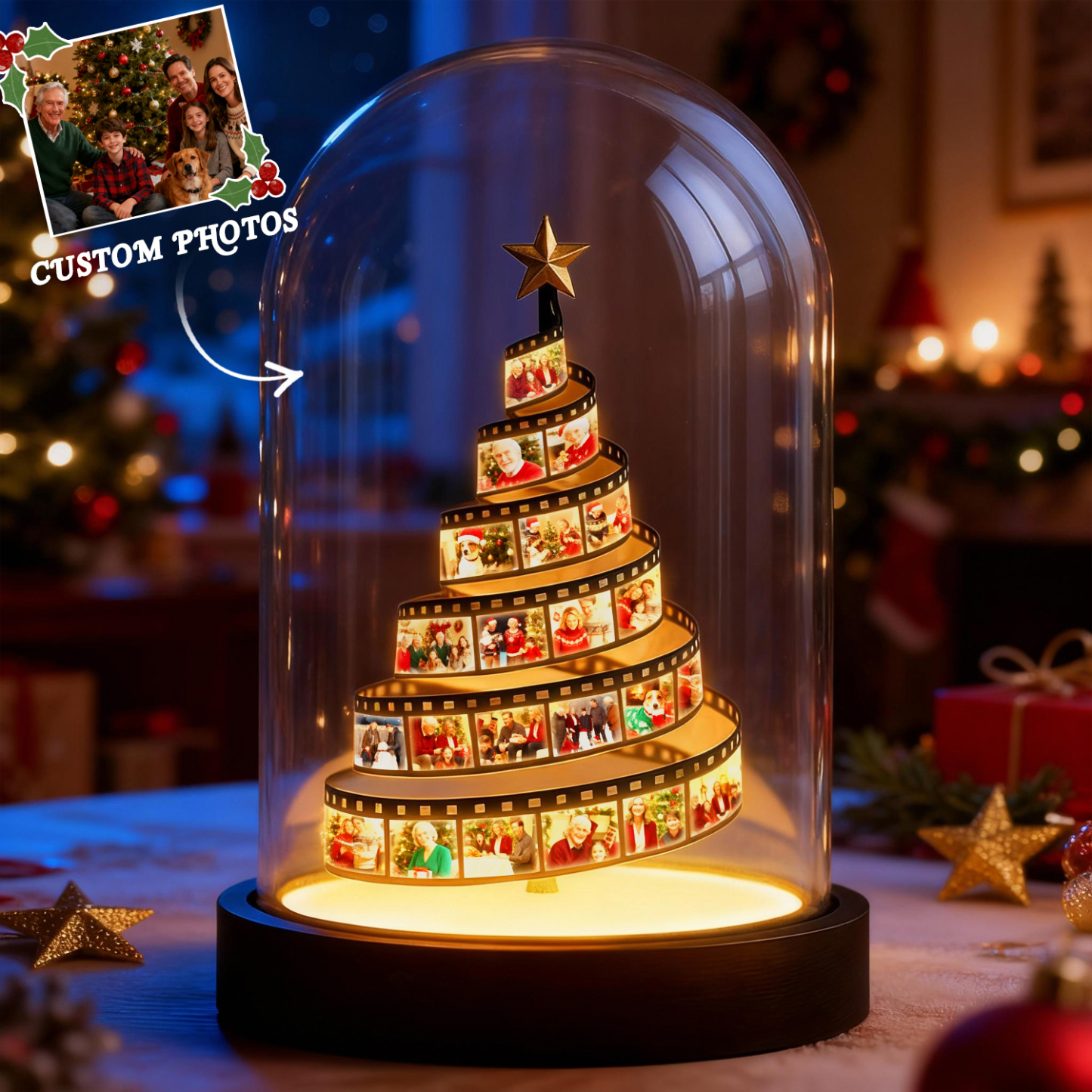 Personalisierte Weihnachtsbaum-nachtleuchte Aus Fotofolie Mit Graviertem Sockel – Ein Wunderschönes Familienerbstück Und Das Perfekte Weihnachtsgeschenk! - meinemondlampe