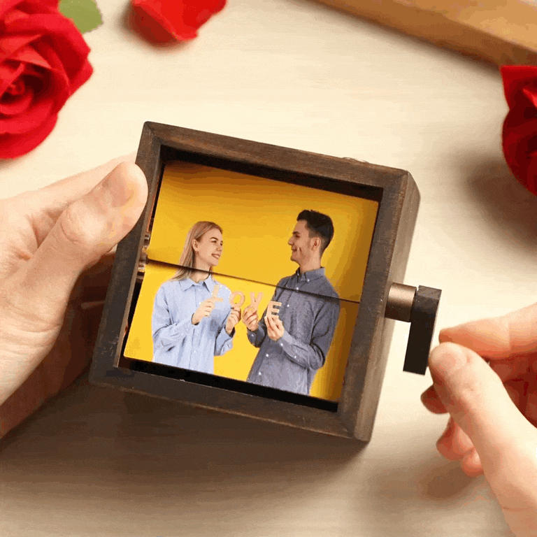 Benutzerdefinierte Handkurbel-flipbook-box-animationsmaschine Mechanisches Handkurbel-fotoalbum Mit Hellem Schwarzem Walnuss-baby-fotowürfelrahmen-geschenk Für Kinder - meinemondlampe