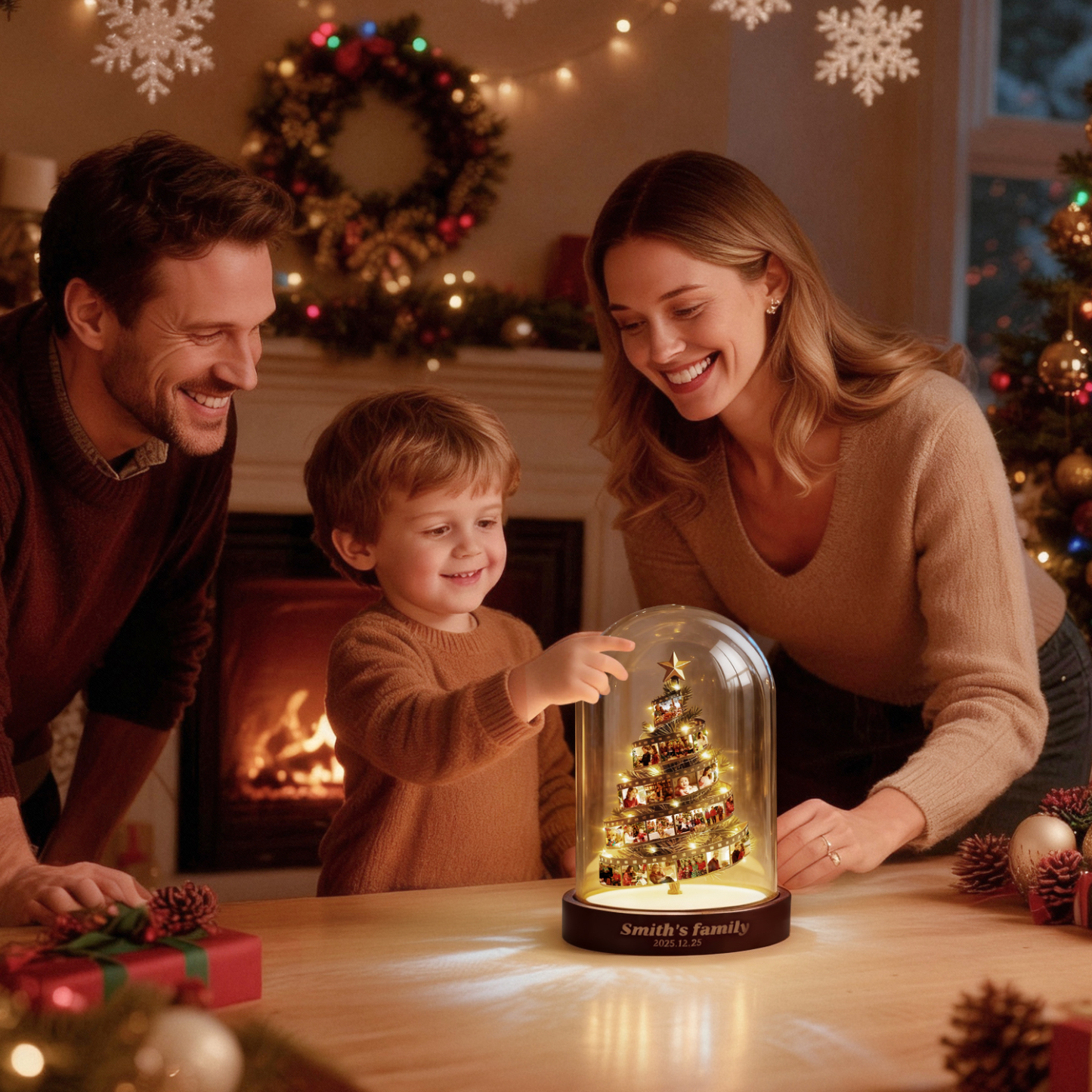 Personalisierte Weihnachtsbaum-nachtleuchte Aus Fotofolie Mit Graviertem Sockel – Ein Wunderschönes Familienerbstück Und Das Perfekte Weihnachtsgeschenk! - meinemondlampe