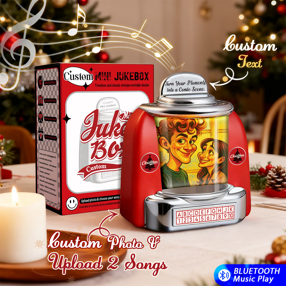 Benutzerdefinierter Mini-jukebox-retro-lautsprecher – Personalisiertes Foto Im Pixar-stil Und 2 Songs Mini-player Mit Radio | Vintage Tabletop Home Decor Nostalgisches Geschenk - meinemondlampe