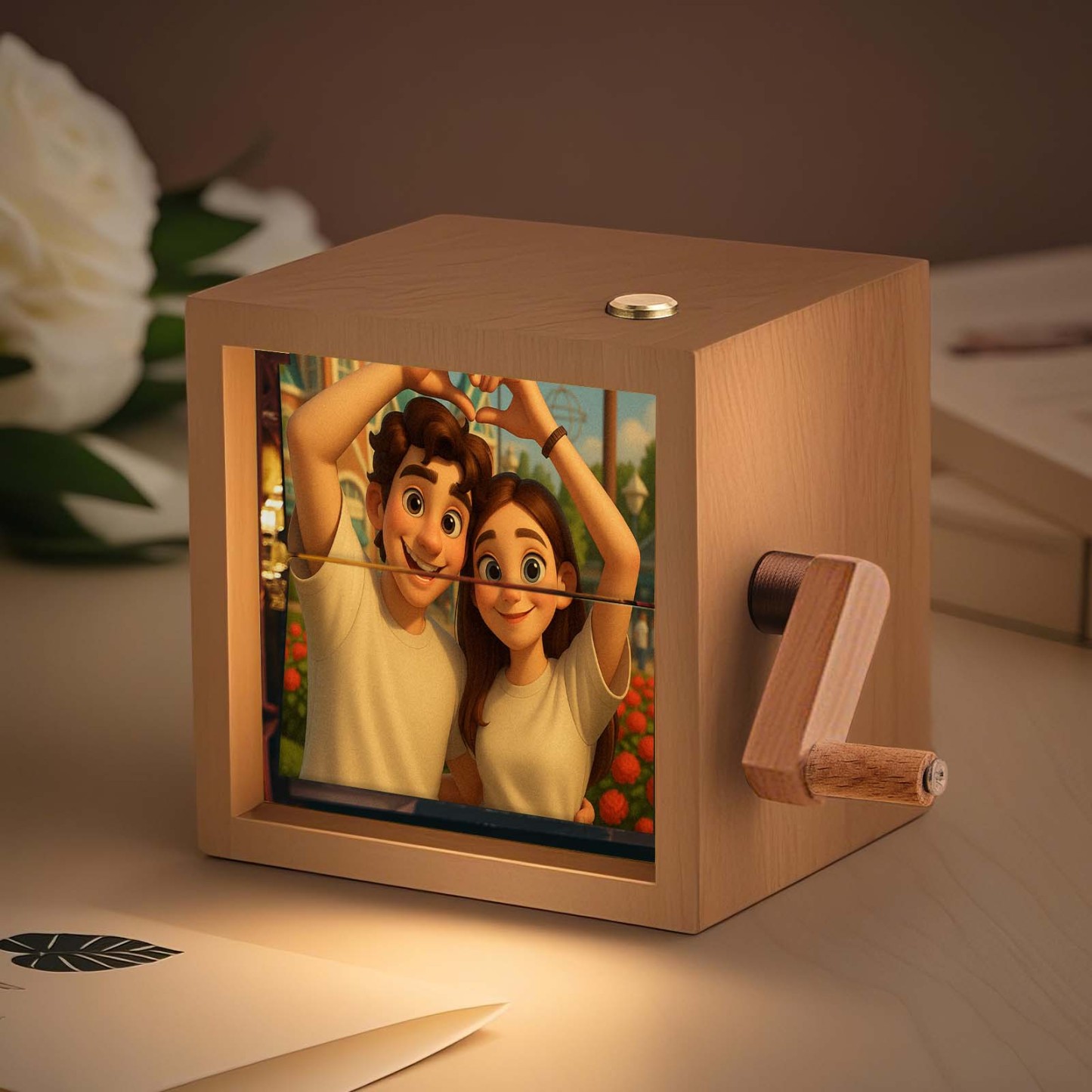 Benutzerdefinierte Flipbook-box Mit Handkurbel, Mechanisches Anime-fotoalbum Mit Hellem Walnuss-baby-fotowürfelrahmen, Kreatives Geschenk - meinemondlampe