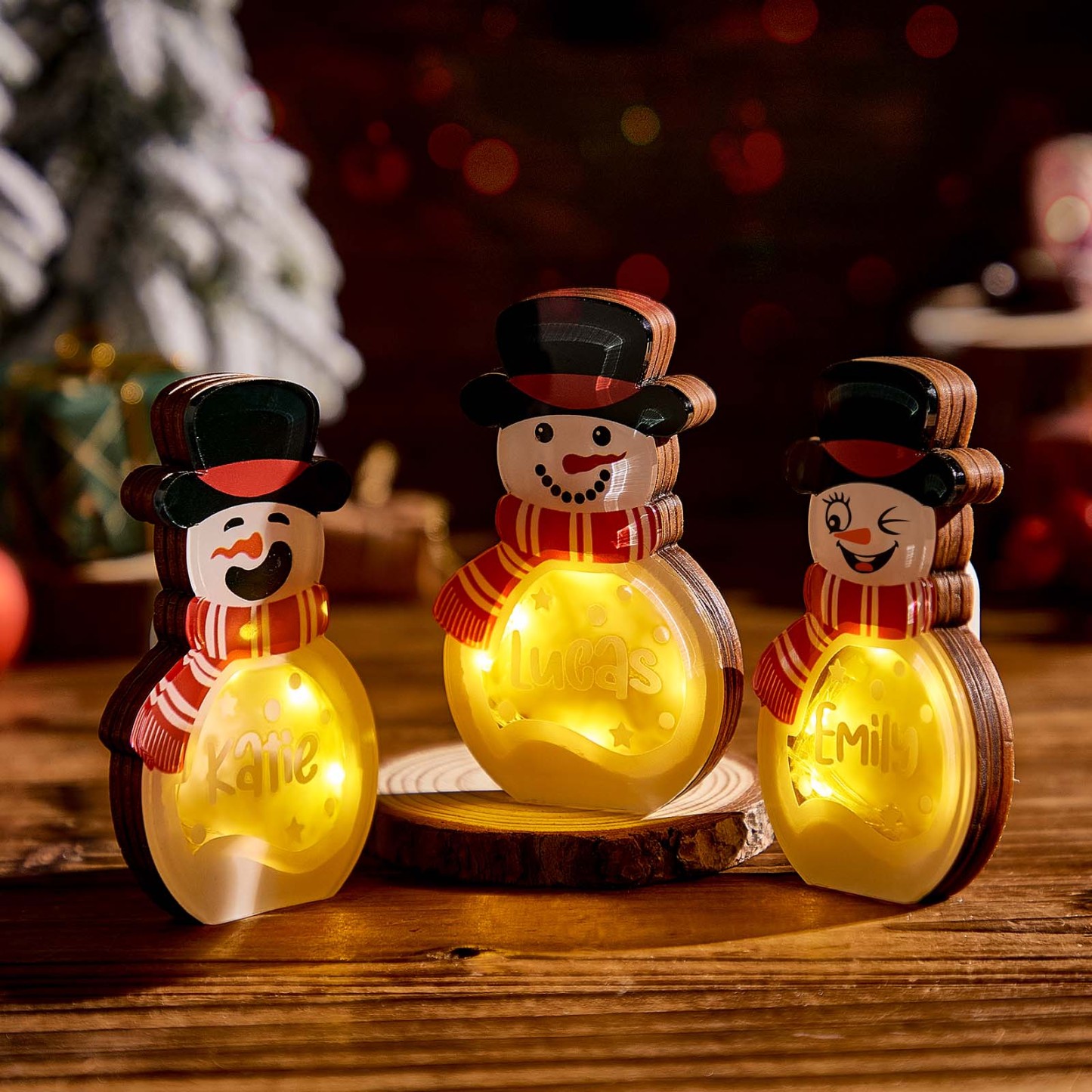 Personalisierte Schneemann-holzdekoration Mit Led-licht, Tischdekoration, Winter-namensblockschild, Urlaubsparty-zubehör, Weihnachtsgeschenk Für Die Familie - meinemondlampe