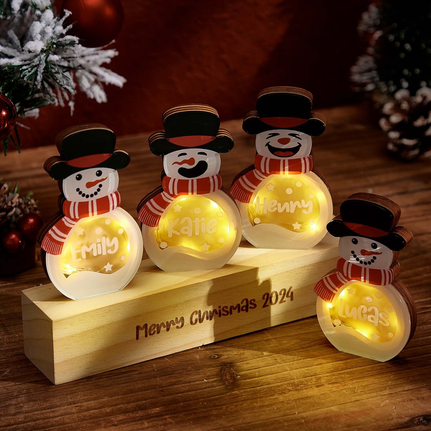 Personalisierte Schneemann-holzdekoration Mit Led-licht, Tischdekoration, Winter-namensblockschild, Urlaubsparty-zubehör, Weihnachtsgeschenk Für Die Familie - meinemondlampe