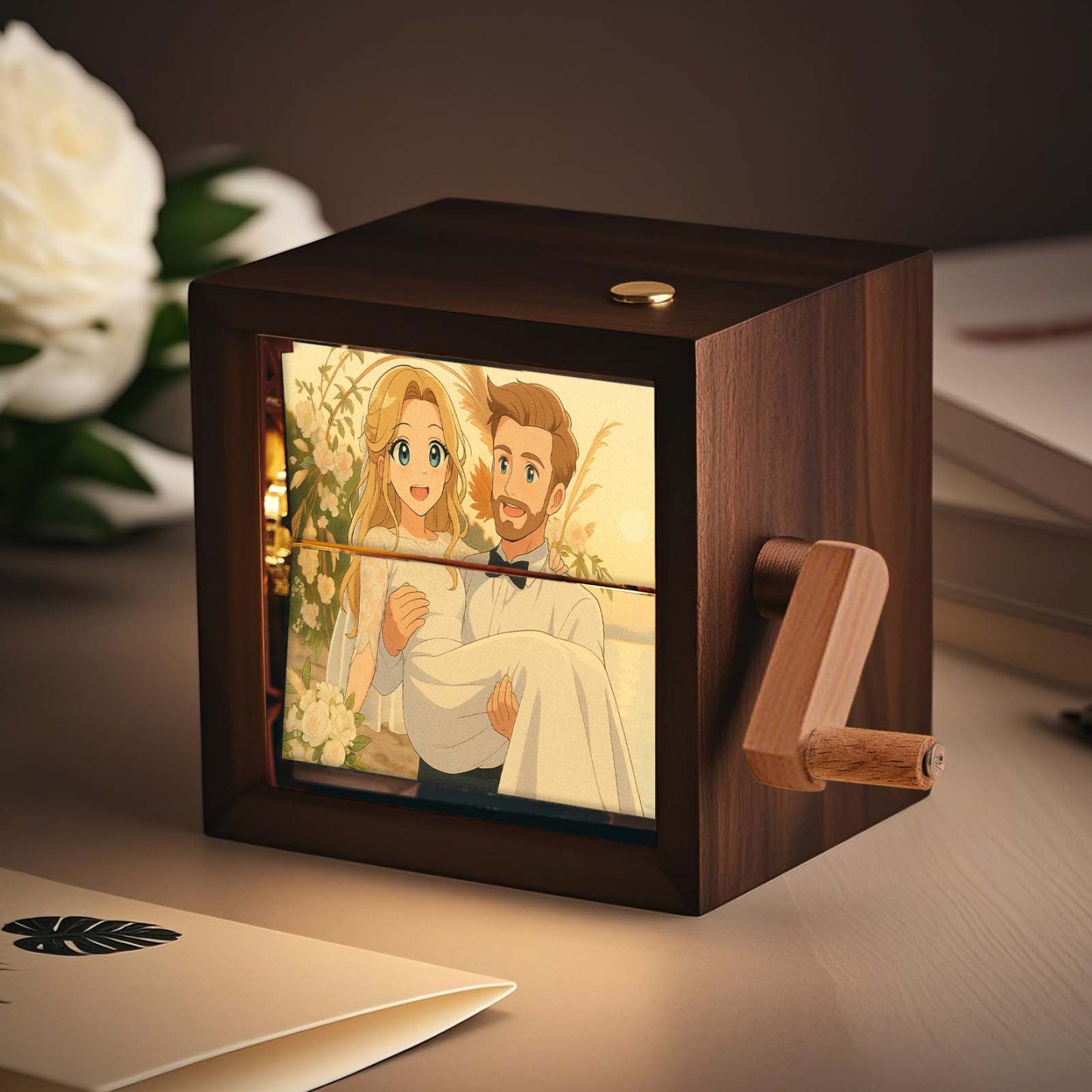Benutzerdefinierte Flipbook-box Mit Handkurbel, Mechanisches Anime-fotoalbum Mit Hellem Walnuss-baby-fotowürfelrahmen, Kreatives Geschenk - meinemondlampe
