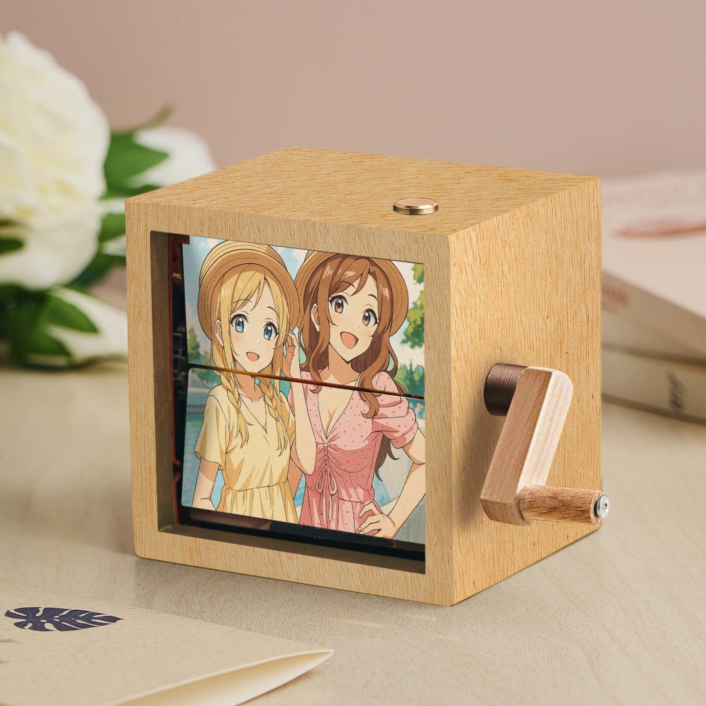Benutzerdefinierte Flipbook-box Mit Handkurbel, Mechanisches Anime-fotoalbum Mit Hellem Walnuss-baby-fotowürfelrahmen, Kreatives Geschenk - meinemondlampe
