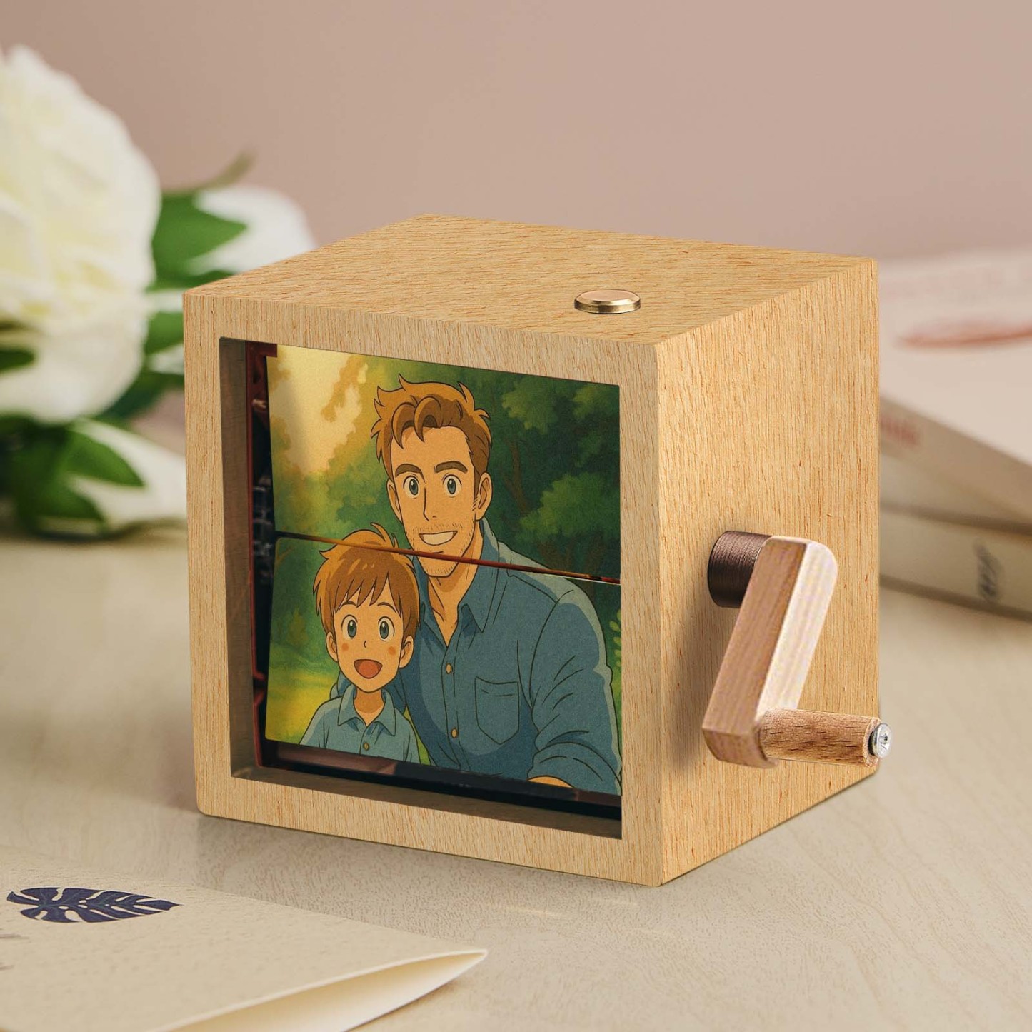 Benutzerdefinierte Flipbook-box Mit Handkurbel, Mechanisches Anime-fotoalbum Mit Hellem Walnuss-baby-fotowürfelrahmen, Kreatives Geschenk - meinemondlampe