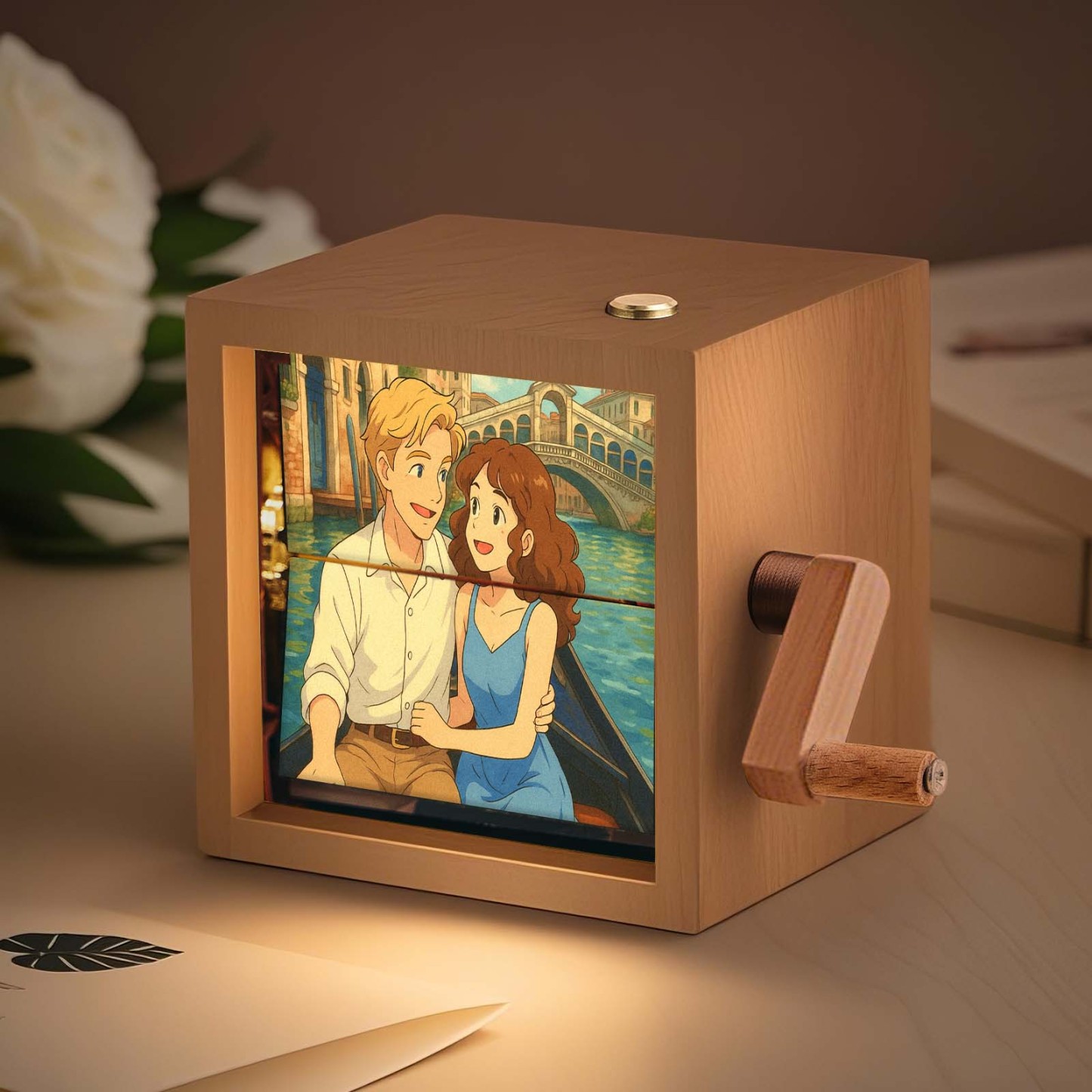 Benutzerdefinierte Handkurbel-flipbook-box, Mechanisches Anime-fotoalbum Mit Handkurbel Und Hellem Walnuss-baby-fotowürfelrahmen, Kreative Geschenke - meinemondlampe
