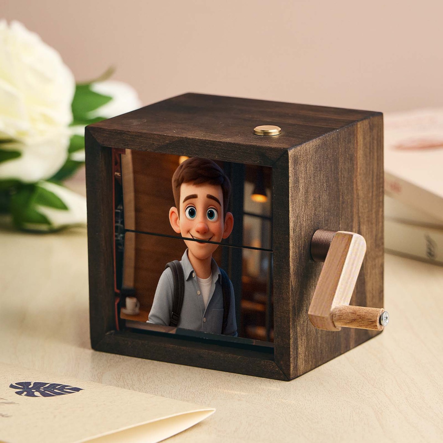 Benutzerdefinierte Flipbook-box Mit Handkurbel, Mechanisches Anime-fotoalbum Mit Hellem Walnuss-baby-fotowürfelrahmen, Kreatives Geschenk - meinemondlampe