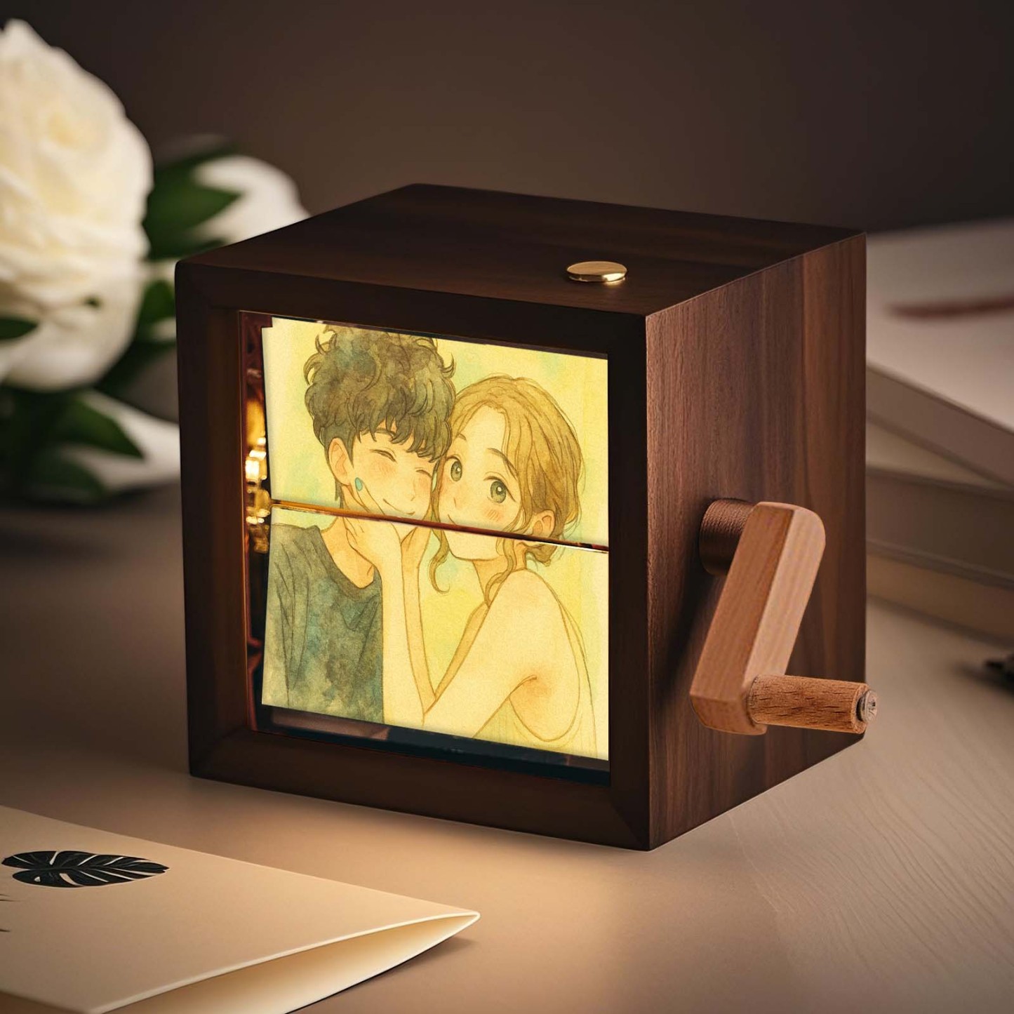 Benutzerdefinierte Flipbook-box Mit Handkurbel, Mechanisches Anime-fotoalbum Mit Hellem Walnuss-baby-fotowürfelrahmen, Kreatives Geschenk - meinemondlampe