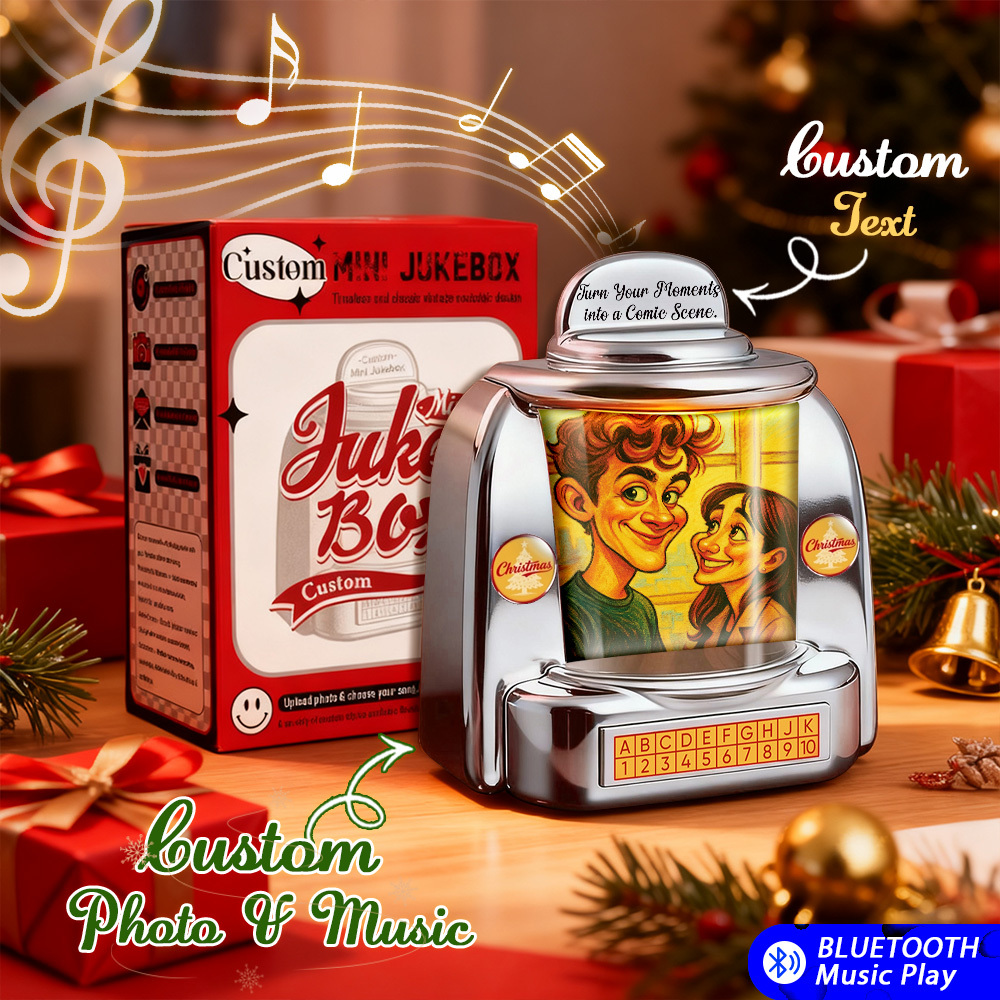 Benutzerdefinierter Mini-jukebox-retro-lautsprecher – Personalisiertes Foto Im Pixar-stil Und 2 Songs Mini-player Mit Radio | Vintage Tabletop Home Decor Nostalgisches Geschenk - meinemondlampe