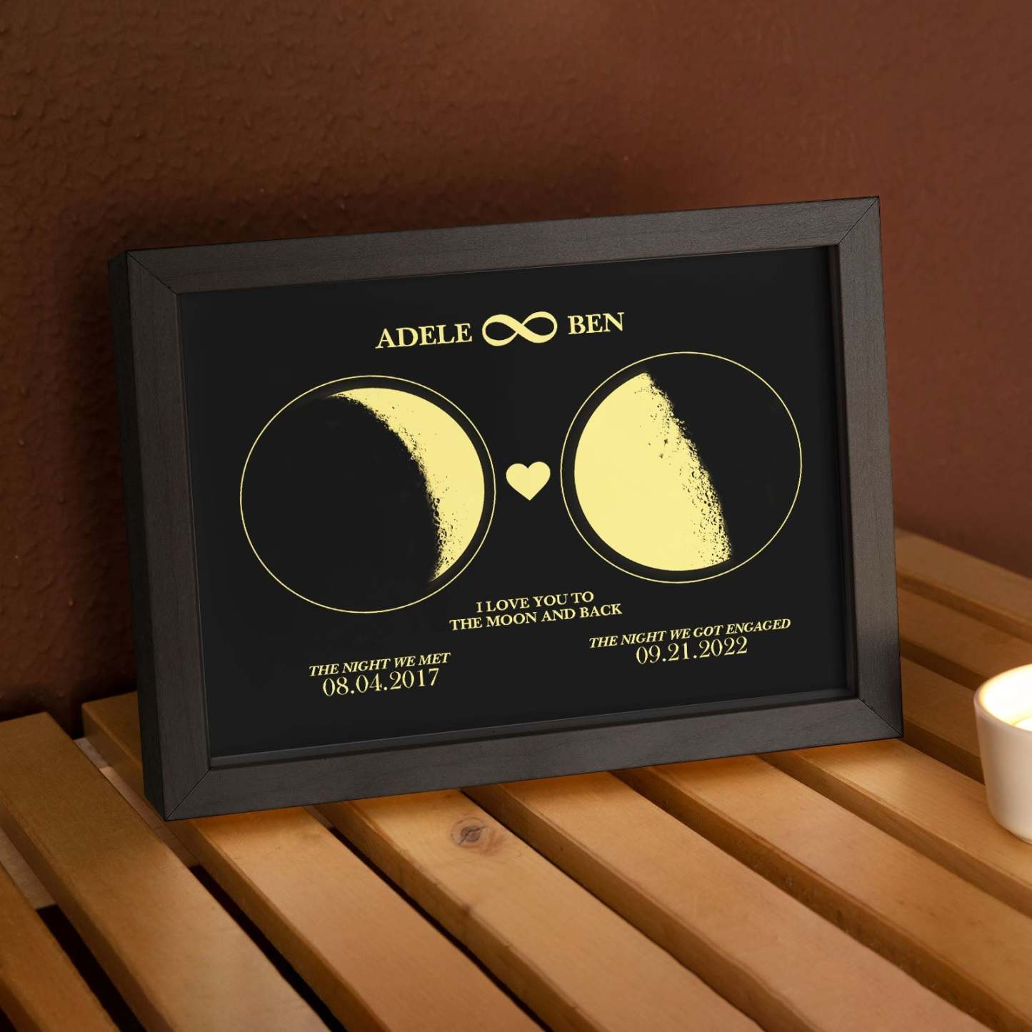 Personalisierter Mondphasen-kunstrahmen Für Paare, 2 Mondphasen-design – Für Valentinstagsgeschenke - meinemondlampe
