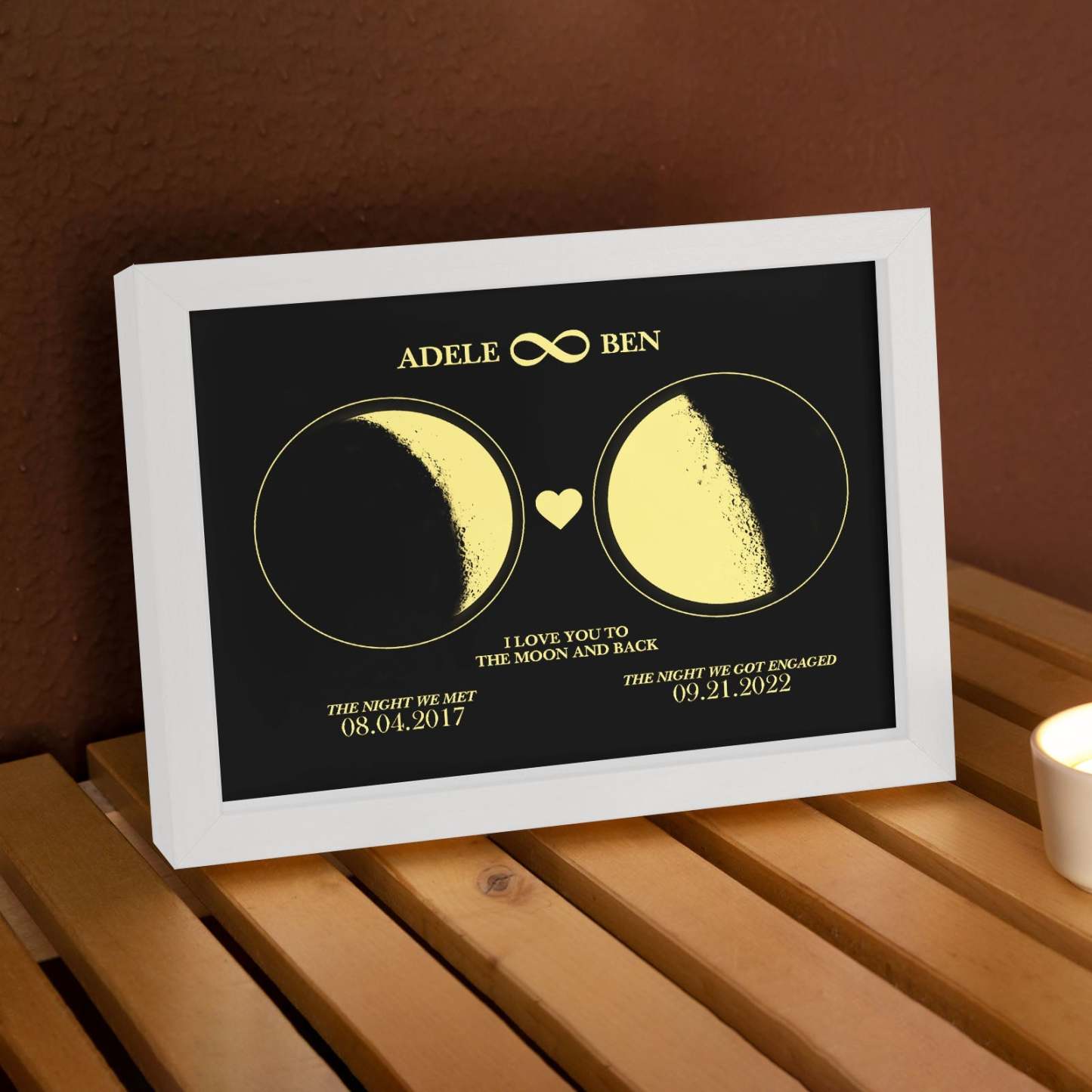 Personalisierter Mondphasen-kunstrahmen Für Paare, 2 Mondphasen-design – Für Valentinstagsgeschenke - meinemondlampe