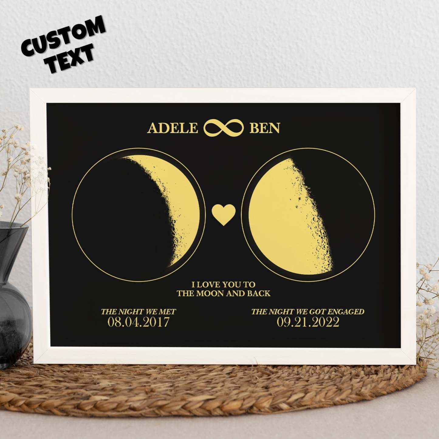 Personalisierter Mondphasen-kunstrahmen Für Paare, 2 Mondphasen-design – Für Valentinstagsgeschenke - meinemondlampe