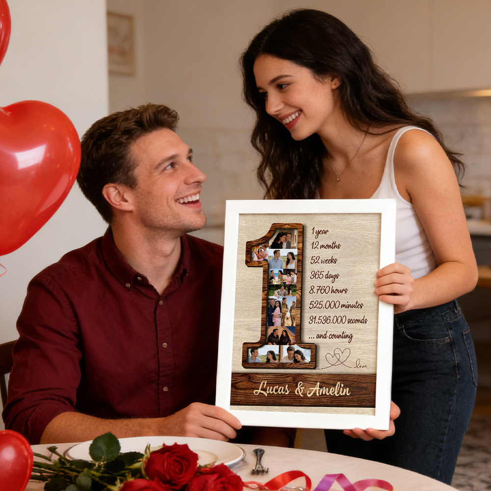 Personalisierter Fotocollage-rahmen Zum 1. Jahrestag – Erinnerungsstück Zum 1. Jahrestag – Geschenkidee Für Geburtstage Und Jahrestage - meinemondlampe
