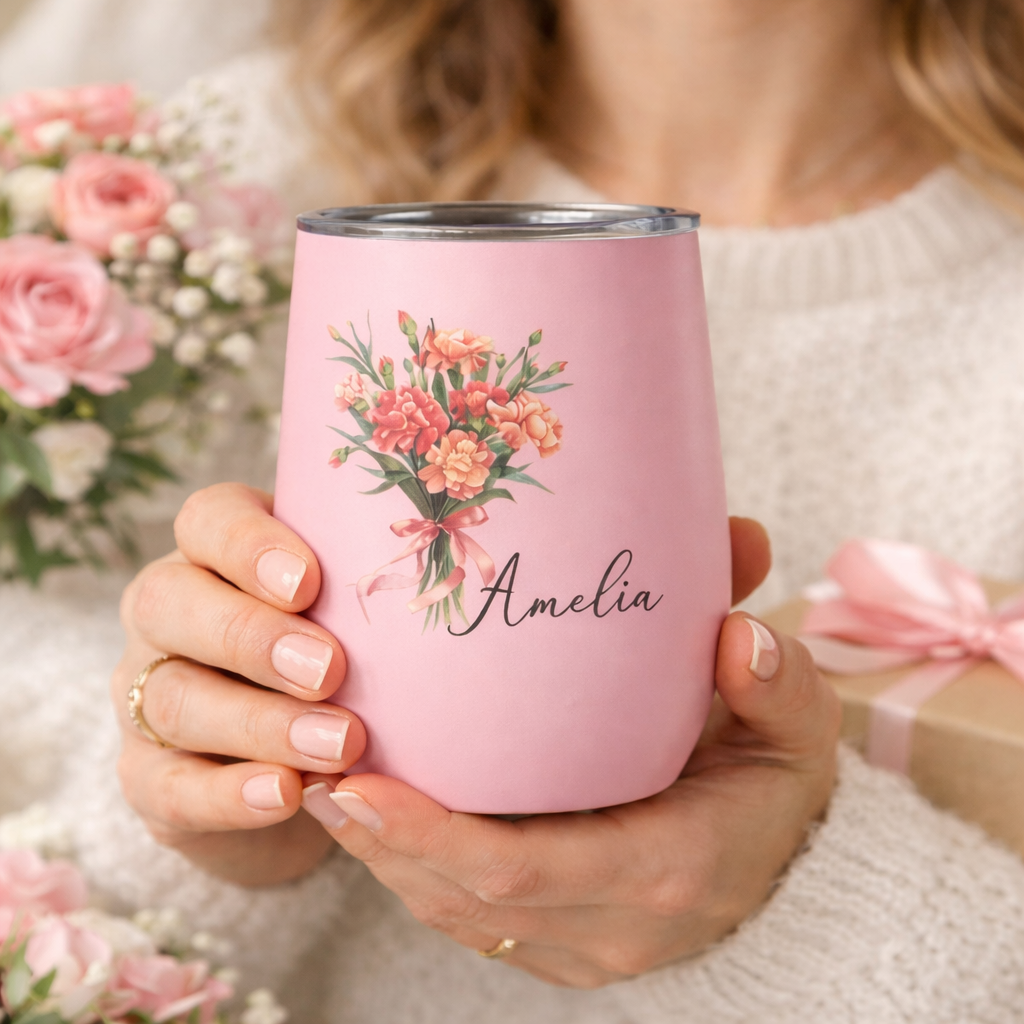 Personalisierter Weinbecher Mit Geburtsblume Für Sie – Individuell Gestaltetes Muttertagsgeschenk Mit Namen - meinemondlampe