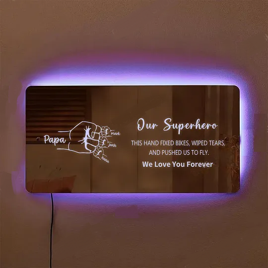 Super Dad's Fist - Personalisiertes Spiegellicht Mit Dem Namen Von Papa Und Kindern - meinemondlampe