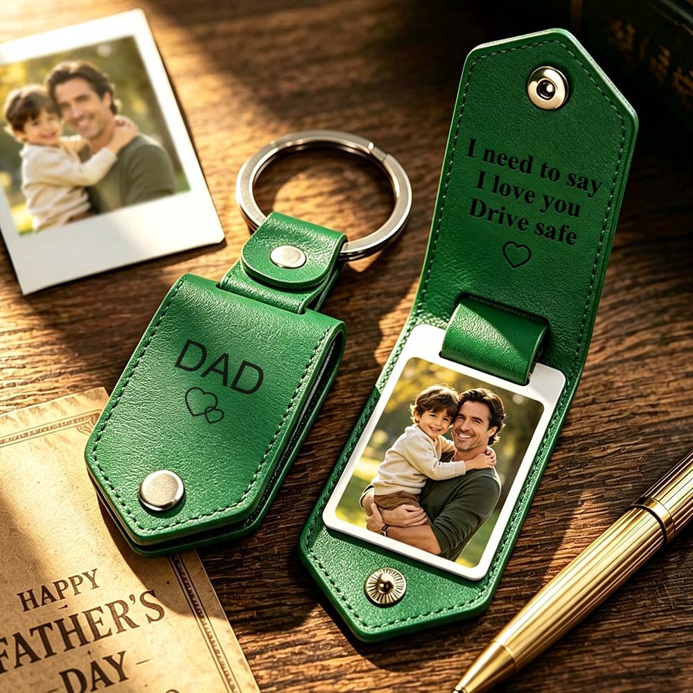 Personalisierter Gravierter Leder-Schlüsselanhänger Mit Foto, Individueller Bild-Schlüsselanhänger, Fahrsicheres Geschenk Für Papa, Jubiläumsgeschenk Für Ehemann
