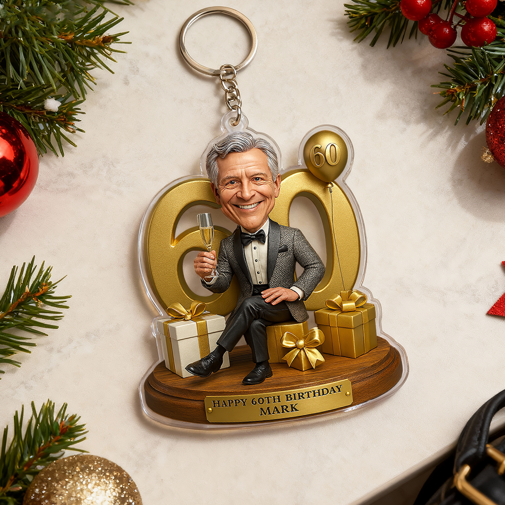 Geburtstagsgeschenk: Personalisierter Foto-karikatur-schlüsselanhänger Aus Acryl Mit 3d-optik (2d-druck) - meinemondlampe