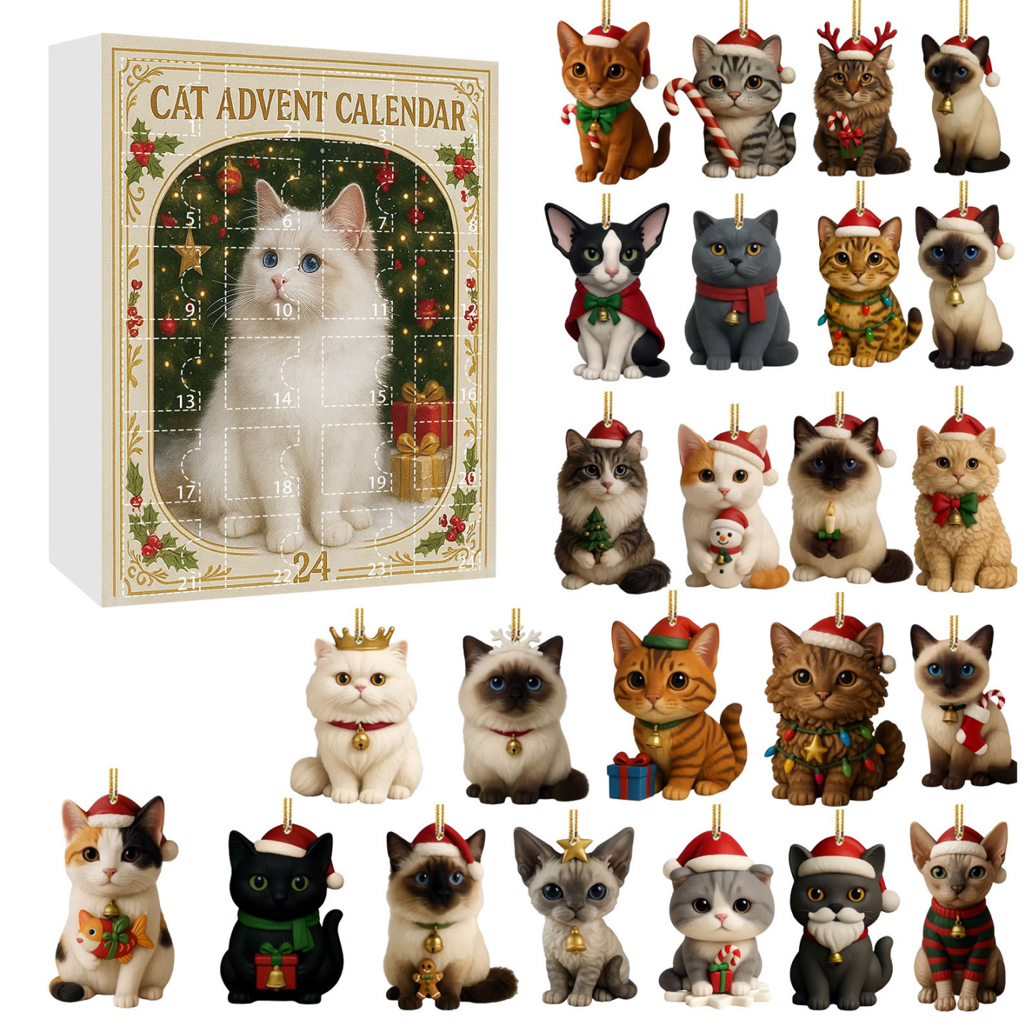 Adventskalender Mit 24 Einzigartigen 2d-acryl-katzen-weihnachtsornamenten – Das Perfekte Geschenk Für Tierliebhaber - meinemondlampe
