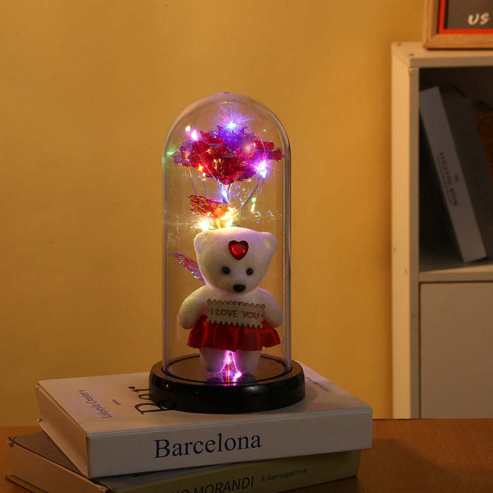 Romantische Simulation Ewige Rose Blume Bär Glasabdeckung Led-nachtlicht - meinemondlampe