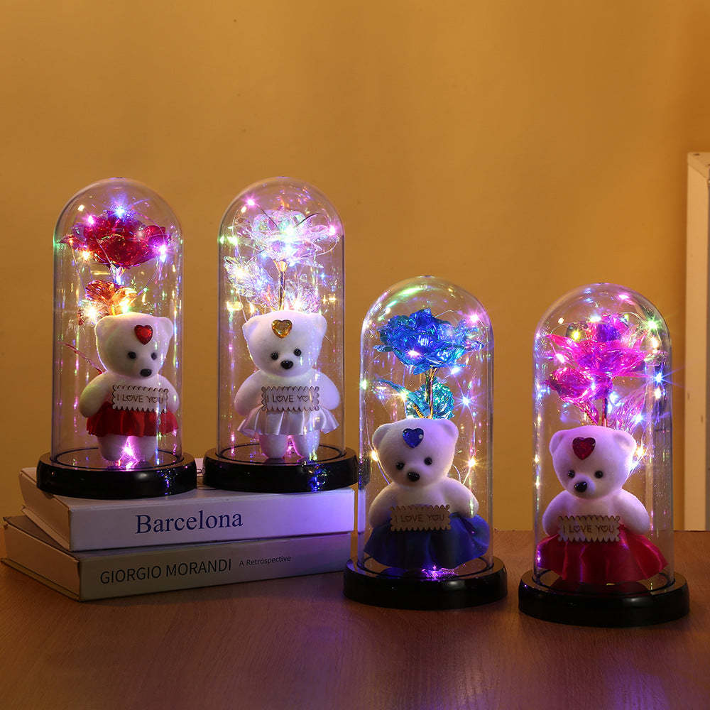 Romantische Simulation Ewige Rose Blume Bär Glasabdeckung Led-nachtlicht - meinemondlampe