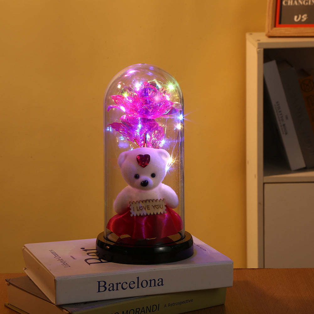 Romantische Simulation Ewige Rose Blume Bär Glasabdeckung Led-nachtlicht - meinemondlampe