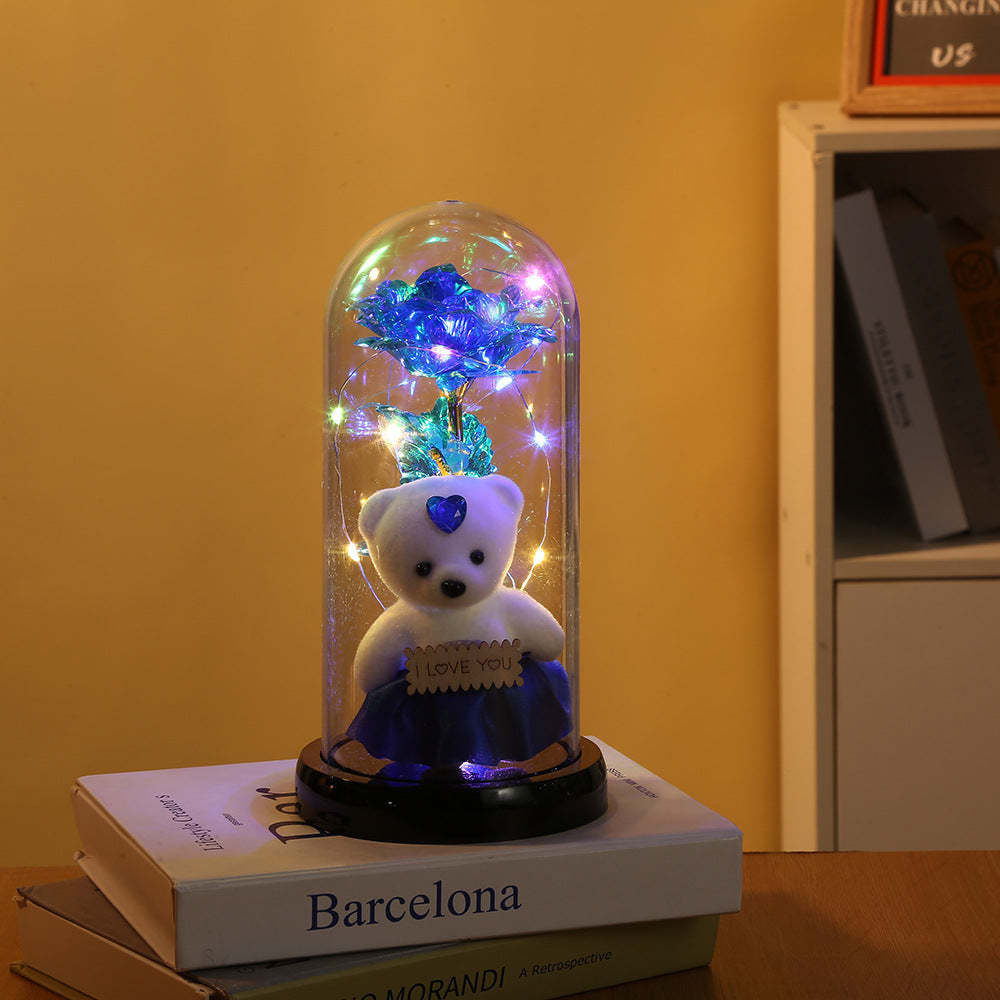 Romantische Simulation Ewige Rose Blume Bär Glasabdeckung Led-nachtlicht - meinemondlampe