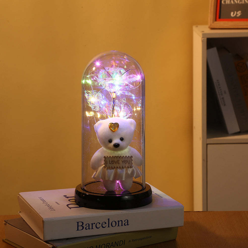 Romantische Simulation Ewige Rose Blume Bär Glasabdeckung Led-nachtlicht - meinemondlampe