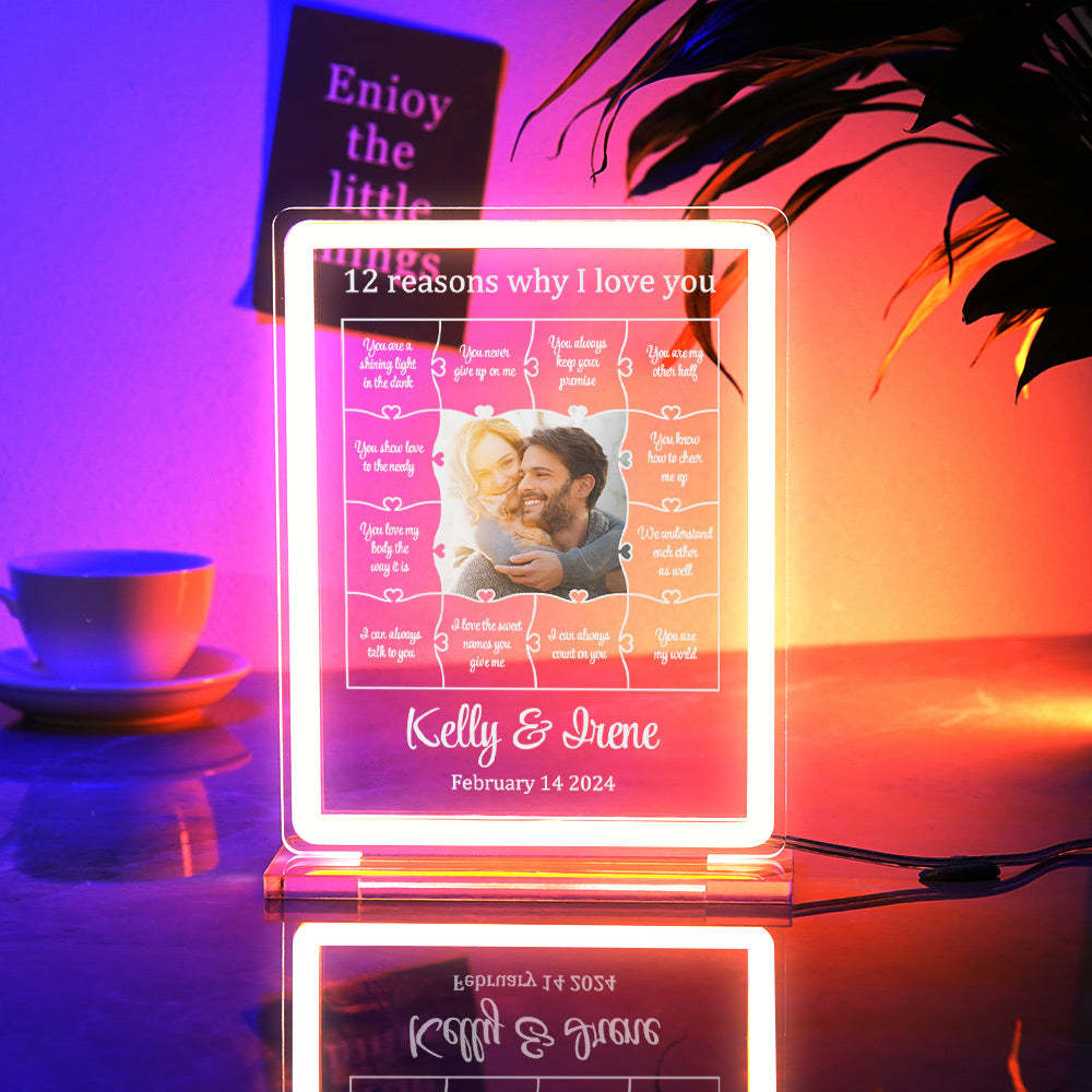Personalisiertes Foto-acryl-neon-nachtlicht, Romantische Beleuchtung, Geschenke Für Sie – 12 Gründe, Warum Ich Sie Liebe - meinemondlampe