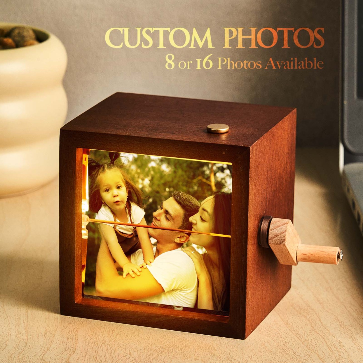 Benutzerdefinierte Handkurbel-flipbook-box-animationsmaschine Mechanisches Handkurbel-fotoalbum Mit Hellem Schwarzem Walnuss-baby-fotowürfelrahmen-geschenk Für Kinder - meinemondlampe