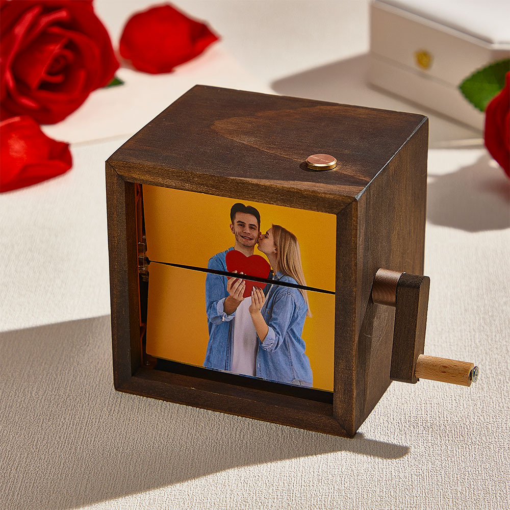 Benutzerdefinierte Handkurbel-flipbook-box-animationsmaschine Mechanisches Handkurbel-fotoalbum Mit Hellem Schwarzem Walnuss-baby-fotowürfelrahmen-geschenk Für Kinder - meinemondlampe