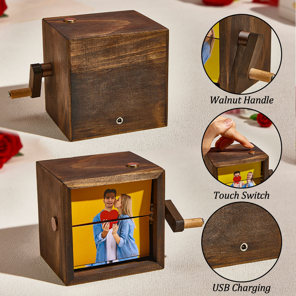 Benutzerdefinierte Handkurbel-flipbook-box-animationsmaschine Mechanisches Handkurbel-fotoalbum Mit Hellem Schwarzem Walnuss-baby-fotowürfelrahmen-geschenk Für Kinder - meinemondlampe