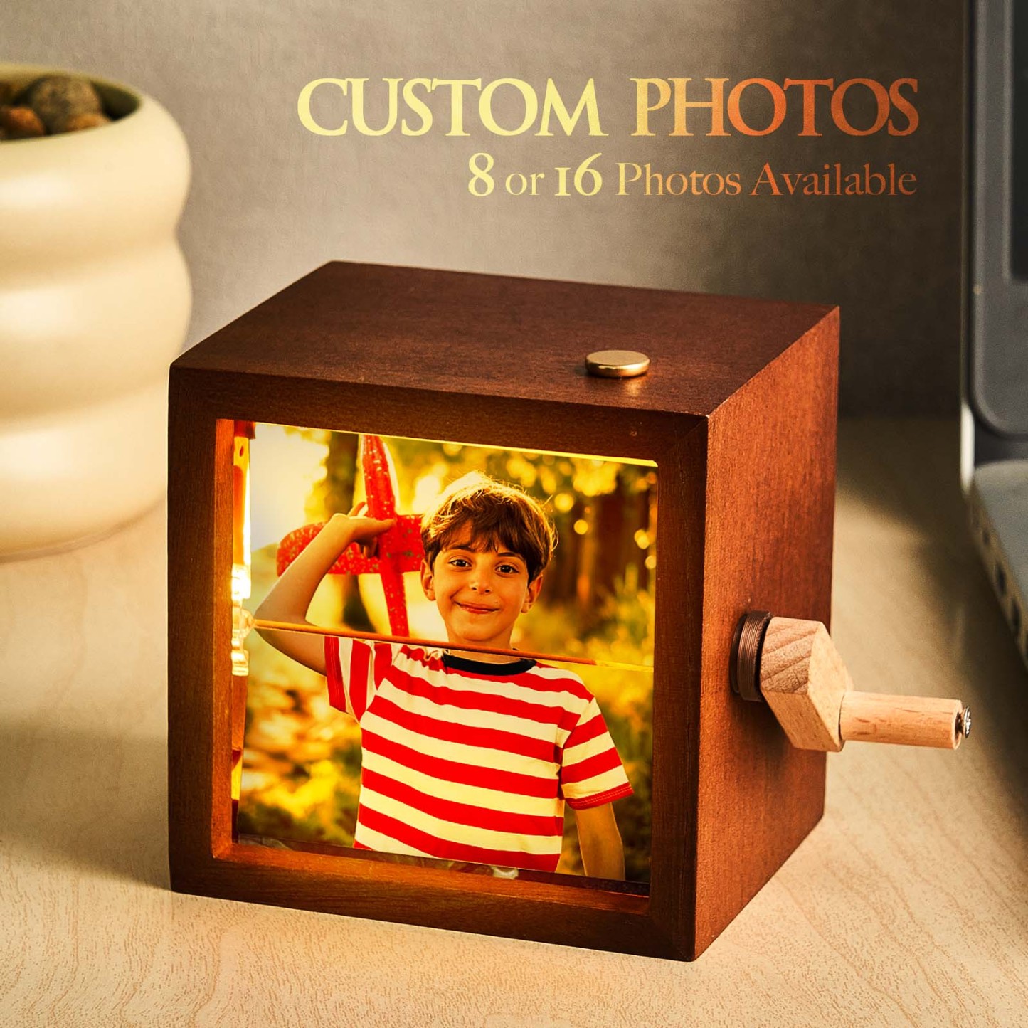 Benutzerdefinierte Handkurbel-flipbook-box-animationsmaschine Zum Muttertag, Mechanisches Handkurbel-fotoalbum Mit Hellem Schwarzem Walnuss-baby-fotowürfelrahmen - meinemondlampe