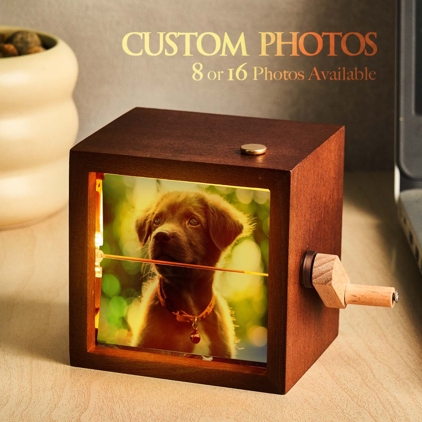 Benutzerdefinierte Handkurbel-flipbook-box-animationsmaschine Mechanisches Handkurbel-fotoalbum Mit Hellem Schwarzem Walnuss-baby-fotowürfelrahmen-geschenk Für Kinder - meinemondlampe