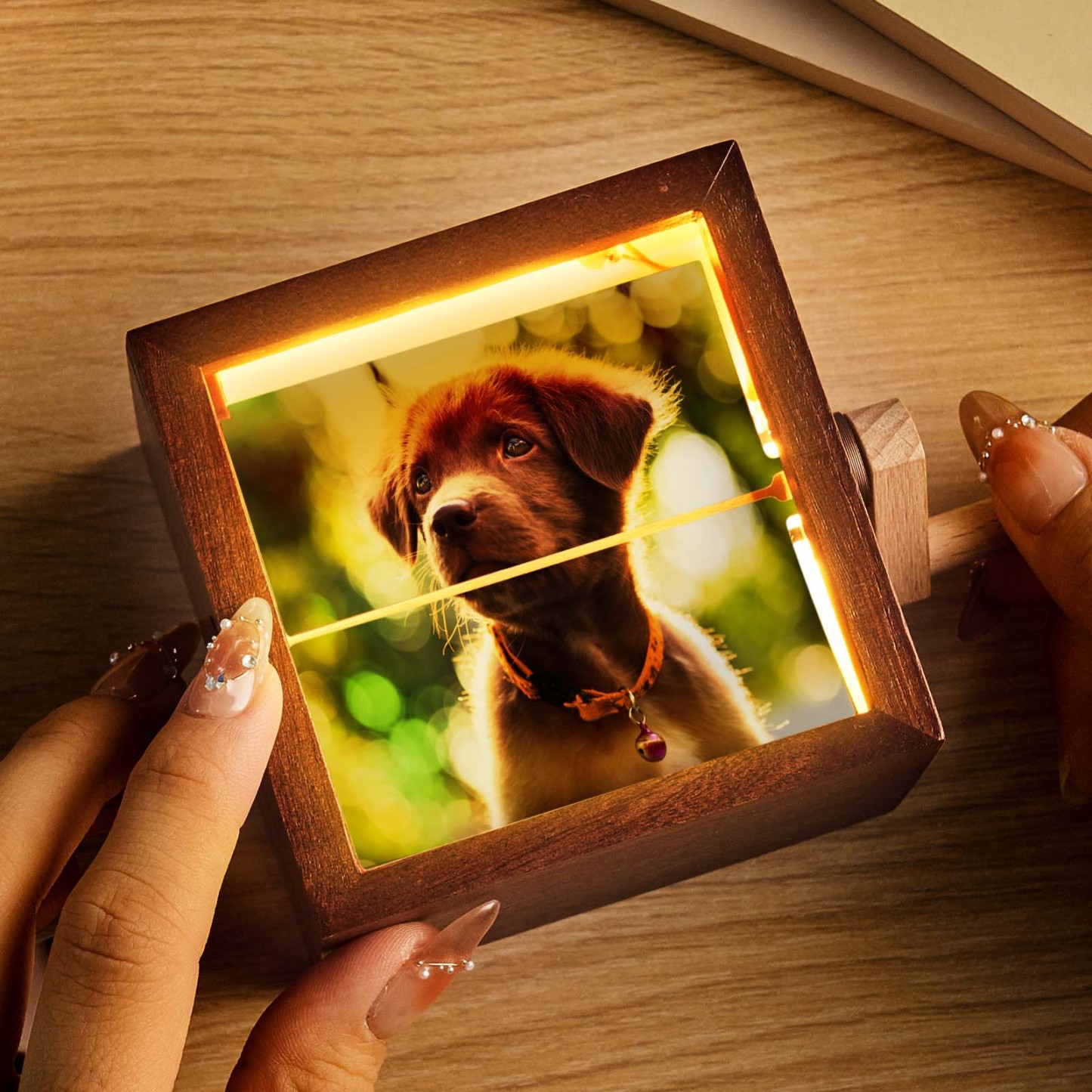 Benutzerdefinierte Handkurbel-flipbook-box-animationsmaschine Zum Muttertag, Mechanisches Handkurbel-fotoalbum Mit Hellem Schwarzem Walnuss-baby-fotowürfelrahmen - meinemondlampe
