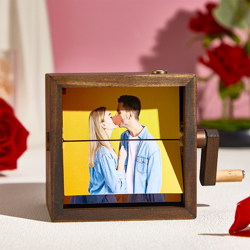 Benutzerdefinierte Handkurbel-flipbook-box-animationsmaschine Mechanisches Handkurbel-fotoalbum Mit Hellem Schwarzem Walnuss-baby-fotowürfelrahmen-geschenk Für Kinder - meinemondlampe