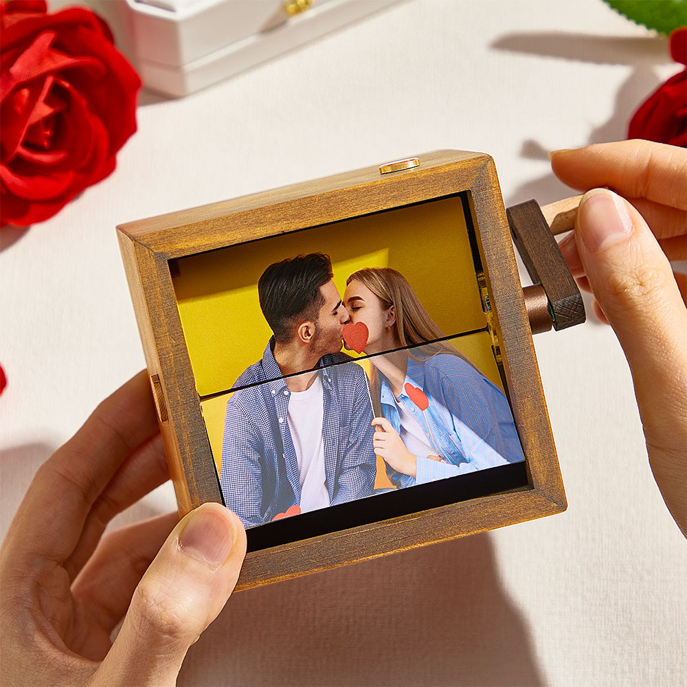 Benutzerdefinierte Handkurbel-flipbook-box-animationsmaschine Mechanisches Handkurbel-fotoalbum Mit Hellem Schwarzem Walnuss-baby-fotowürfelrahmen-geschenk Für Kinder - meinemondlampe