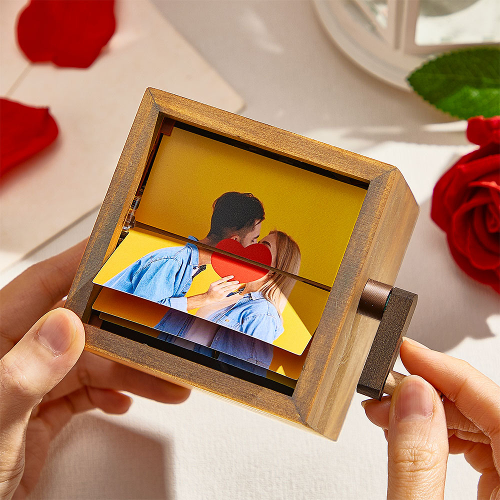 Benutzerdefinierte Handkurbel-flipbook-box-animationsmaschine Mechanisches Handkurbel-fotoalbum Mit Hellem Schwarzem Walnuss-baby-fotowürfelrahmen-geschenk Für Kinder - meinemondlampe