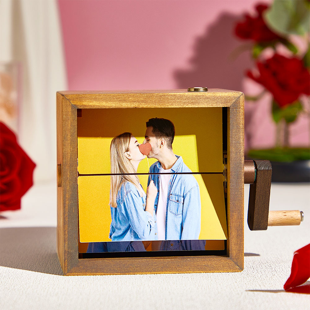 Benutzerdefinierte Handkurbel-flipbook-box-animationsmaschine Mechanisches Handkurbel-fotoalbum Mit Hellem Schwarzem Walnuss-baby-fotowürfelrahmen-geschenk Für Kinder - meinemondlampe